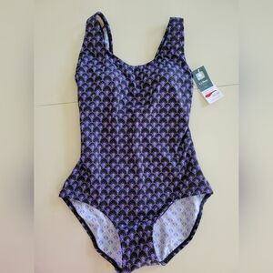 LL Bean Womens Size 8  Sunblocking Swimwear Scalloped Purple Black One Piece UPF